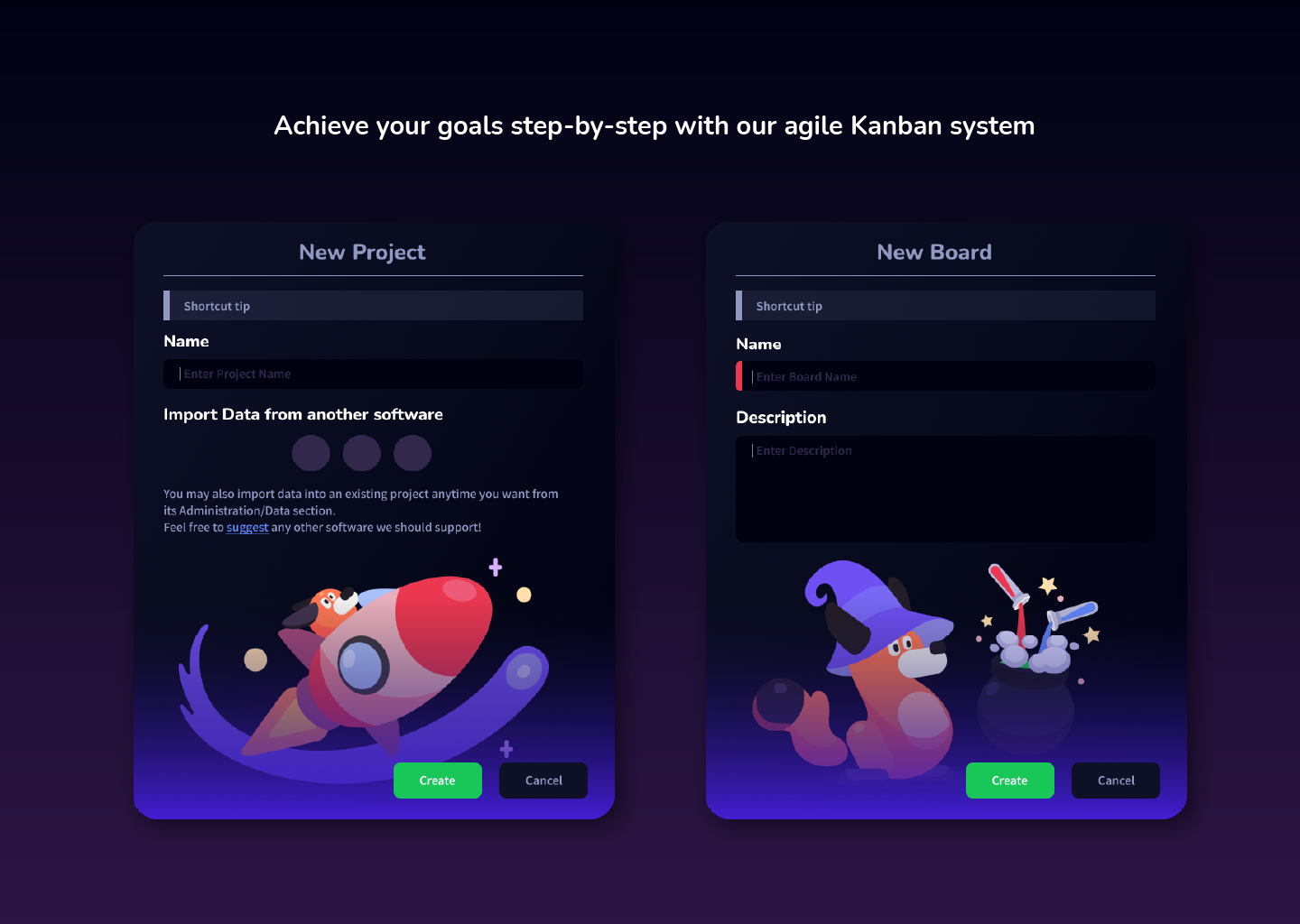 The New porject modal design of zorro.management, a project management web app.
                Text: Achieve your goals step-by-step with our agile Kanban system.
                Created by Laura Bacher webdesigner project manager
                UI/UX graphic designer.